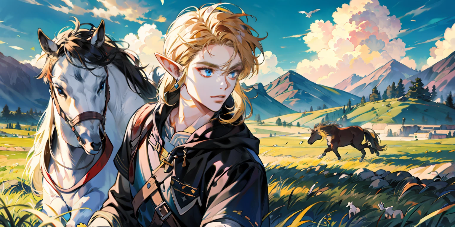 (absurdres, highres, ultra detailed, realistic), (1 male, solo, adult, Link, elf, tall blond guy, broad shoulders, handsome), pretty blond hair, blue eyes, (angular jaw, thick neck, thick eyebrows), BREAK, forest, fantasy, breath of the wild, botw, extremely detailed face, gorgeous face, beautiful detailed eyes, clear eyes, beautiful hair. Hyrule kingdom, rolling hills, amazing background, beautiful fields, wild horses, running horses, hawks, deers, wild life, wide open fields, dancing grass, blue skies, lovely skies, big clouds, masterpiece, perfections, golden ratio, perfect design, rule of thirds,