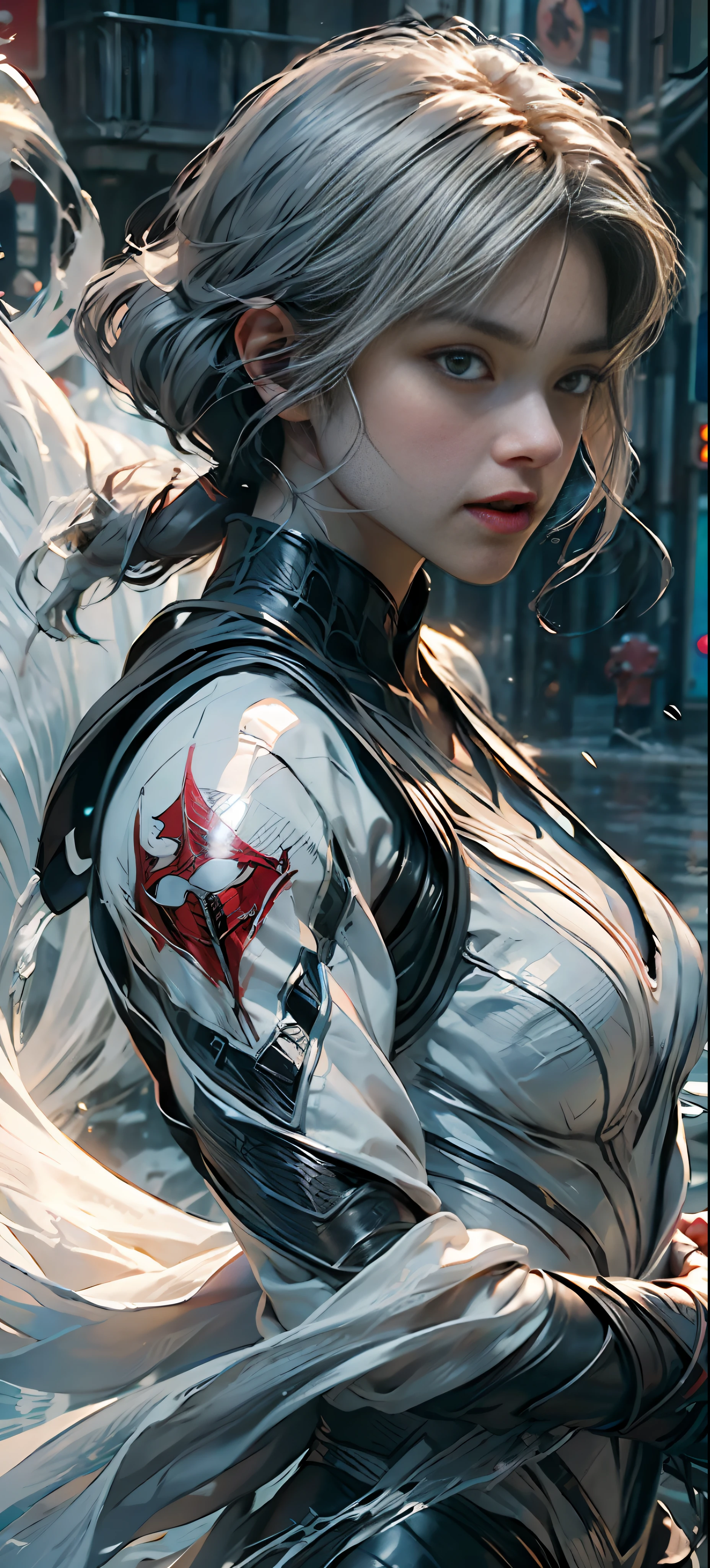 (Papel de parede de detalhes extremos CG Unity 8K, obra de arte, mais alta qualidade), (Iluminação e sombra requintadas, imagem altamente dramática, Efeito de lente cinematográfica), a girl in a white homem Aranha costume, cor de cabelo cinza prateado, água régia, from the homem Aranha parallel universe, Wenger, maravilha, homem Aranha, fechar-se, frontal, corpo todo, pose dinâmica), (excelente detalhe, excelente iluminação, ângulo amplo), (Excelente renderização, o suficiente para se destacar em sua classe), the focus is on the white homem Aranha costume, texturas de aranha complexas