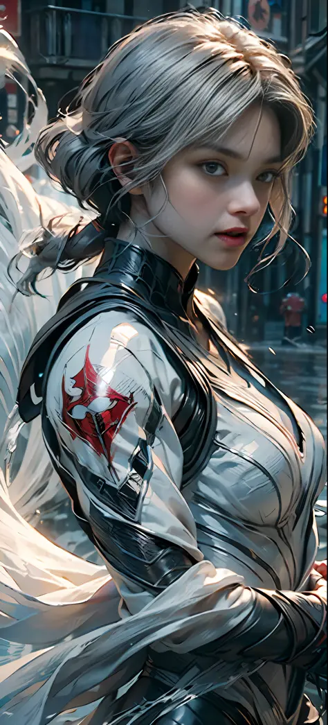 (Extreme Detail CG Unity 8K wallpaper, masterpiece, highest quality), (exquisite lighting and shadow, highly dramatic picture, Cinematic lens effect), a girl in a white Spider-Man costume, silver gray hair color, water royal water, from the Spider-Man para...