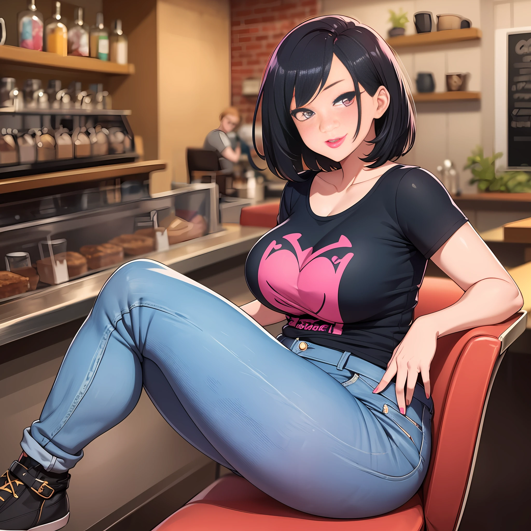 Milf, rosa Lippenstift, kurze schwarze Haare, T-Shirt, Jeans, zwinkert, Betrachter betrachten, Flirten, Sanduhr-Figur, Café, dem Betrachter gegenübersitzend, Liebesherzen, Erröten