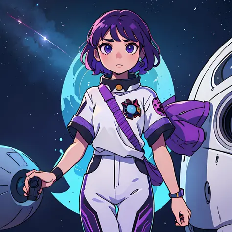 girl, short purple hair, futuristic clothing, anime sytle, space backgrond