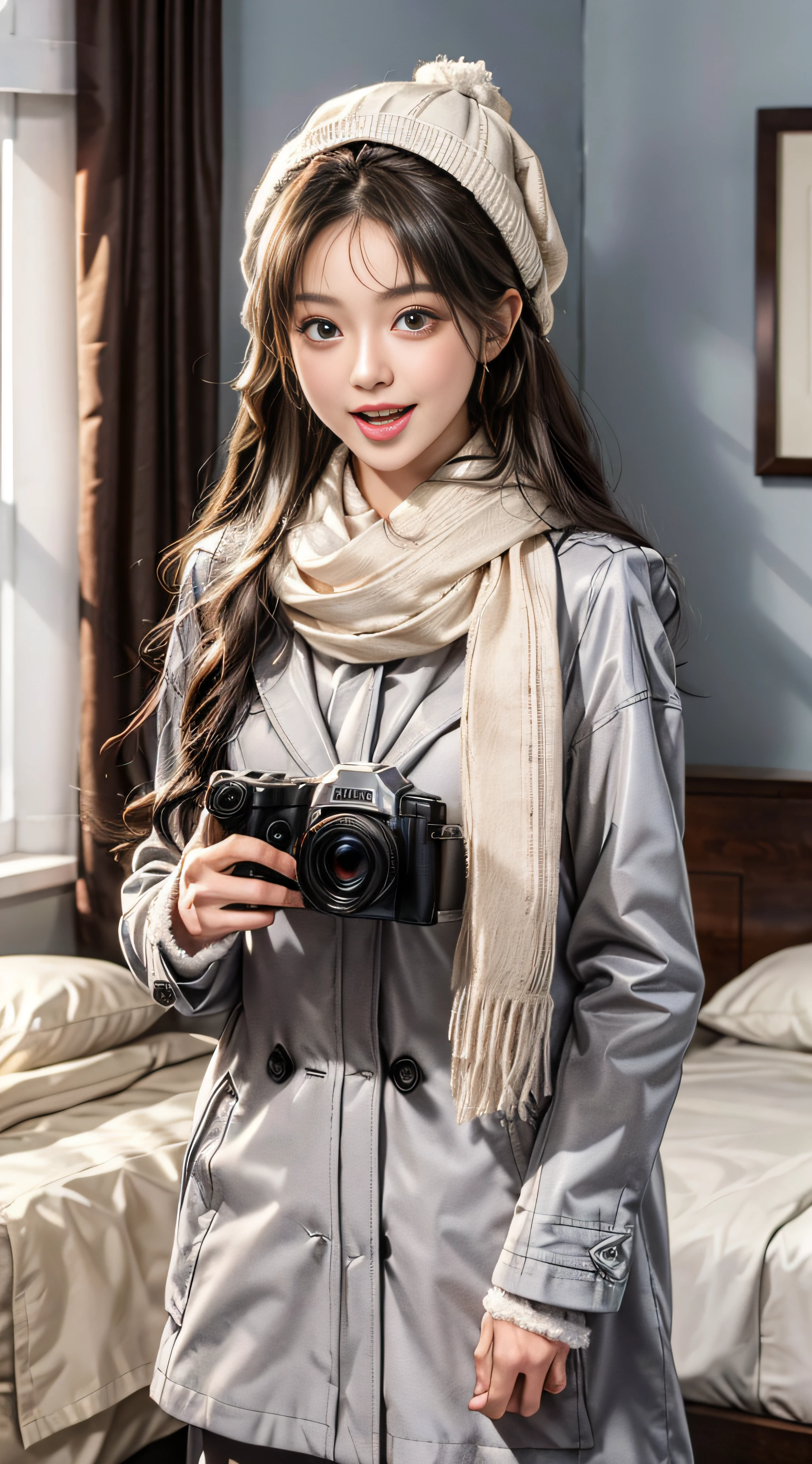 masterpiece, best quality,1 girl, solo, black hair, scarf, hat, real, looking at camera, black eyes, long hair, coat, winter clothes, white scarf, white teeth with mouth open, lips, bangs, indoors, in bedroom,