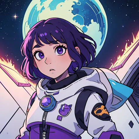 girl, short purple hair, futuristic clothing, anime sytle, space backgrond, hair with a white lock in the bangs