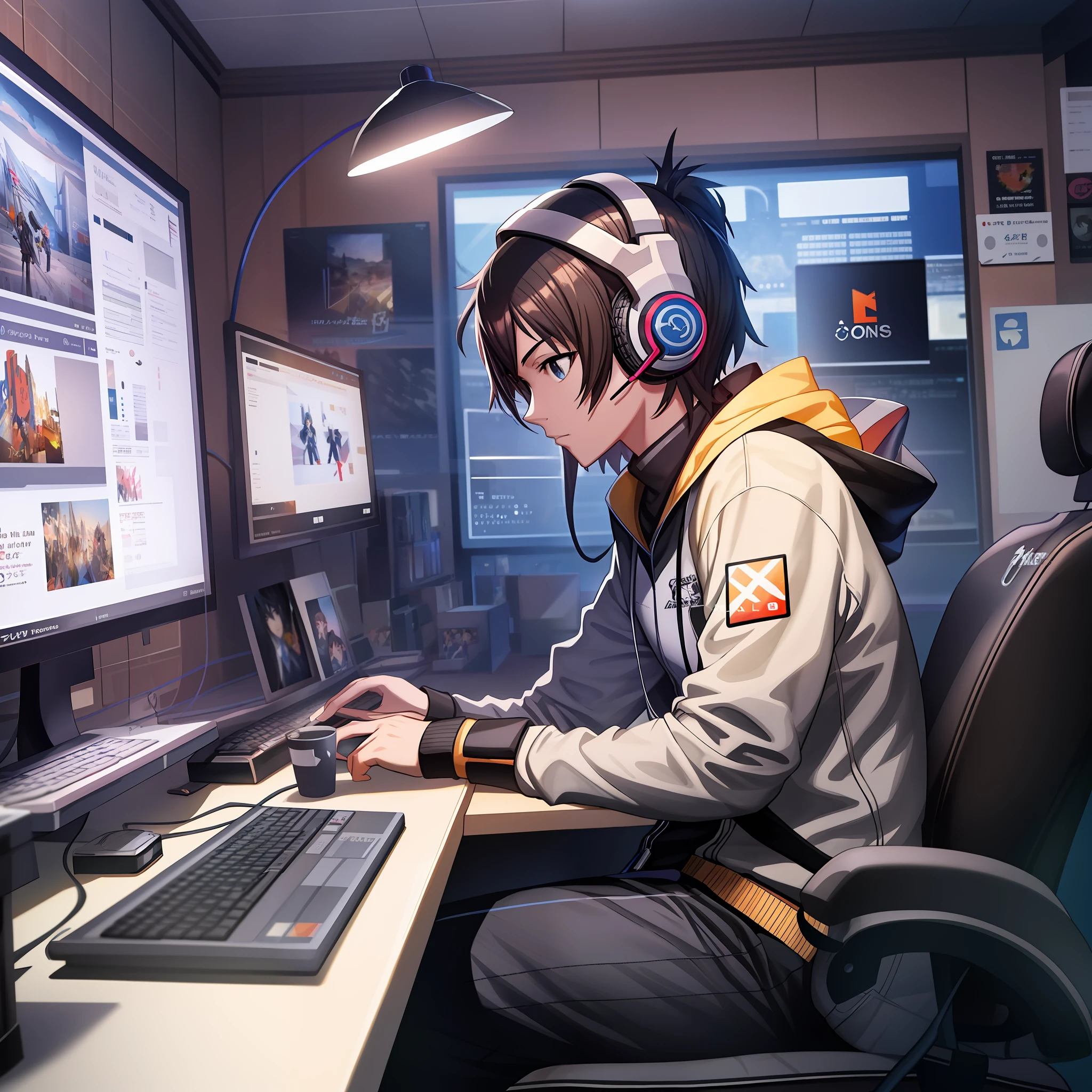there is a man sitting at a desk with a computer and a keyboard, digital anime illustration, ig studios anime style, anime style 4 k, digital anime art, makoto shinkai ( apex legends ), commission for high res, digital cyberpunk anime art, trending on artstation pixiv, high quality anime artstyle, hq artwork, digital art on pixiv