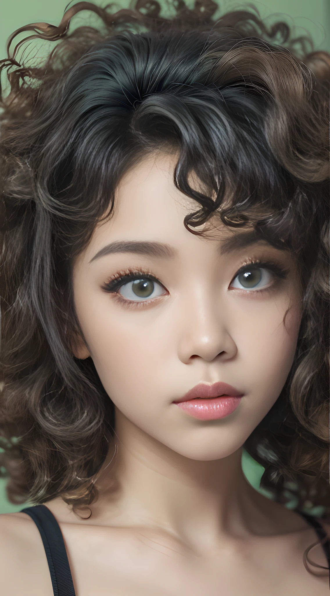 Girl Highly Detailed Face and Skin Texture, big green eyes, slim face, juicy lips, bimbo lips, big puffy breast, ((afro curly Black hair)), Detailed Eyes, Double Eyelids,