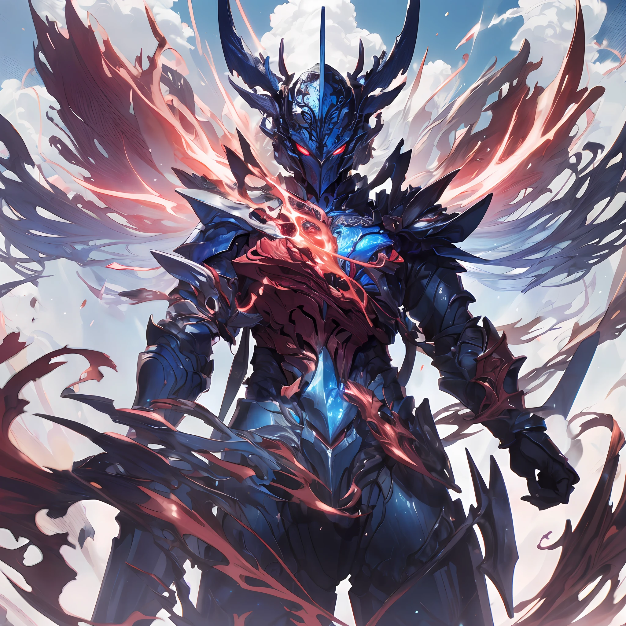 masterpiece, highly detailed CG unified 8K wallpapers, 8k uhd, dslr, high quality, clean, best illumination, ((a god in a blue and red armor, godly aura, magical, in the sky)), glowing eyes, cinematic, ultra-high resolution, ultra-high detailed, high-definition, shadowverse style