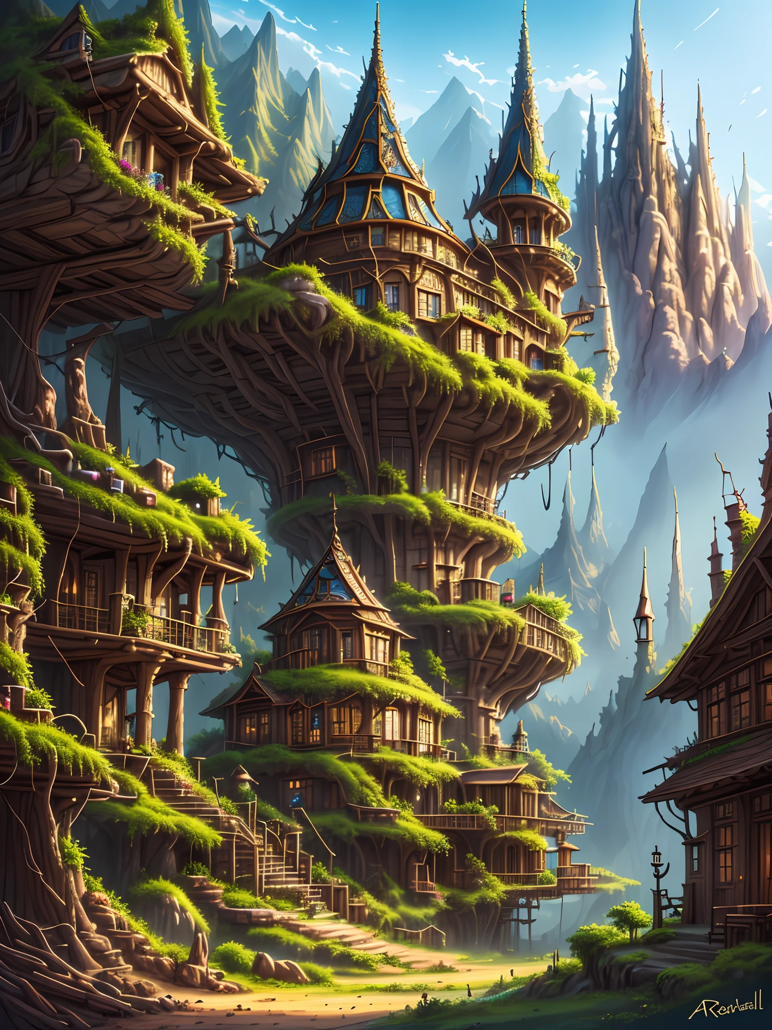 Mitten im Wald steht ein Baum mit einem Haus darauf, Baumstadt, gemacht aus Baum und Fantasietal, Elfenstadt, Elfenarchitektur, mittelalterliche Fantasiestadt, Fantasy-Stadtkulisse, Hochdetaillierte Fantasy-Kunst, gemalt von Andreas Rocha, epische RIVENDELL-Fantasie, detaillierte Fantasie digitale Kunst, wunderschöne 3D-Konzeptkunst