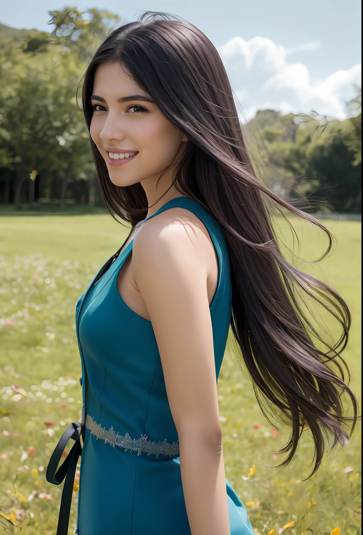 masterpiece, realistic, hyperrealistic, best quality, rinoa, long hair, black hair, arm warmers, sleeveless coat, black shirt, blue skirt, arm ribbon, upper body, from side, (smile), wind, RAW photo, delicate, (intricate details:1.3), hyper detail, finely detailed, colorful, dark shadow, 1girl, solo, 8k uhd, film grain, (photorealistic:1.3), (detailed skin:1.2), beautiful detailed eyes, skin textures, sun light, grassland, flowers, (petals in sky, falling petals,)