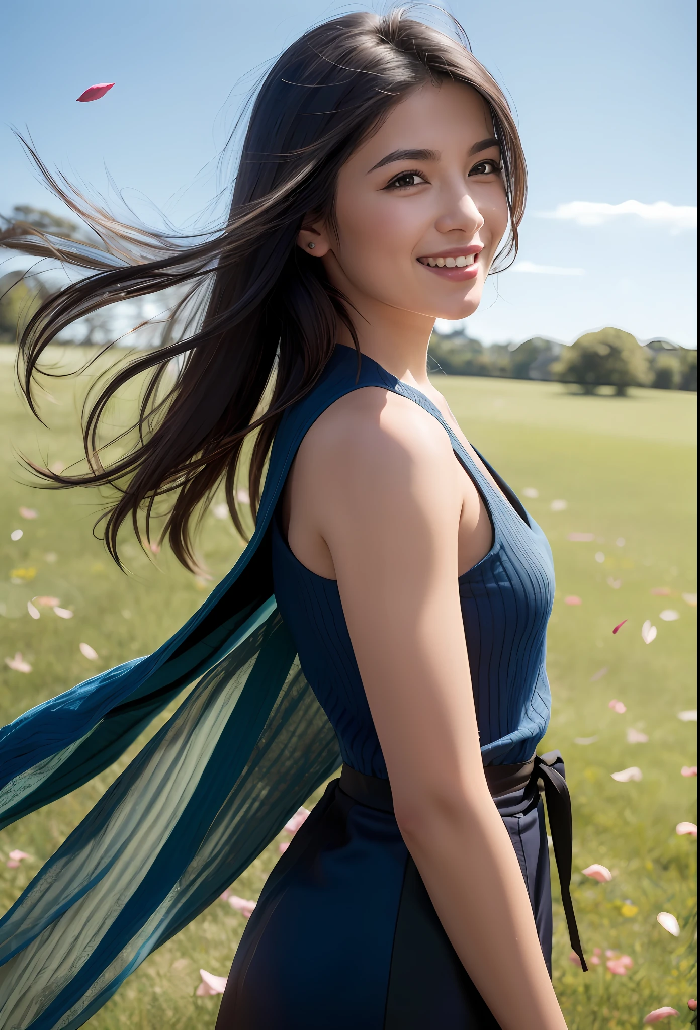 masterpiece, realistic, hyperrealistic, best quality, rinoa, long hair, black hair, arm warmers, sleeveless coat, black shirt, blue skirt, arm ribbon, upper body, from side, (smile), wind, RAW photo, delicate, (intricate details:1.3), hyper detail, finely detailed, colorful, dark shadow, 1girl, solo, 8k uhd, film grain, (photorealistic:1.3), (detailed skin:1.2), beautiful detailed eyes, skin textures, sun light, grassland, flowers, (petals in sky, falling petals,)