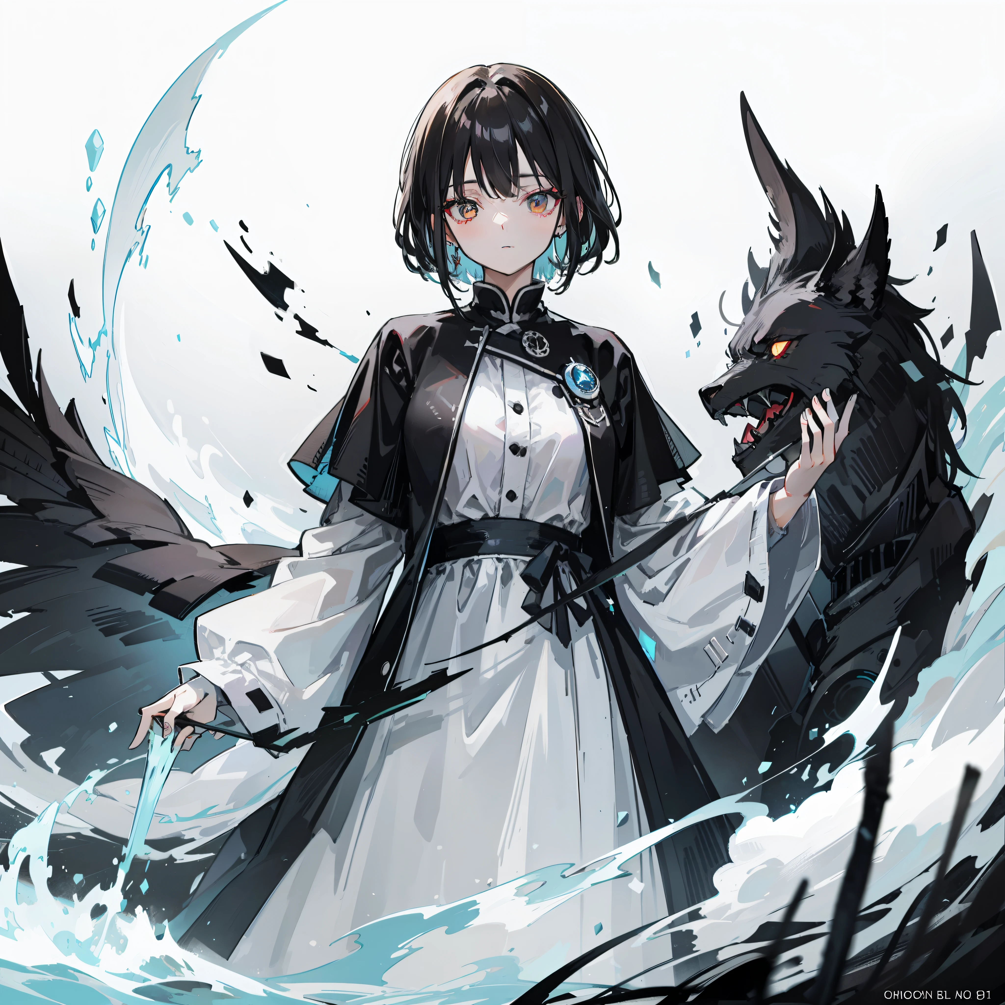 Anime girl with a black and white dress and a black and white wolf - SeaArt  AI