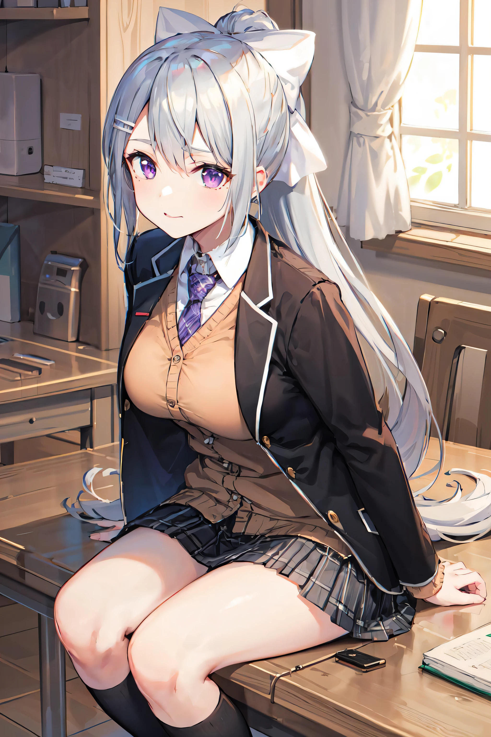 chef-d&#39;œuvre, Meilleure qualité, haute résolution, Higuchi Kaede, 1fille, Youtubeur virtuel, seulement, cheveux longs, grain de beauté sous les yeux, jupe, cravate, veste, yeux violets, chaussettes, queue de cheval, ornement de cheveux, white arc, hair arc, arc, blazer, very cheveux longs, purple cravate, pleated jupe, white chaussettes, pince à cheveux, vêtements ouverts, cardigan, uniforme scolaire, mi-Bas, cheveux gris, black veste, chemise, collared chemise, plaid, open veste, frange, plaid jupe, minijupe, tachi-e, white chemise, manches longues, grey jupe, seins, plaid cravate,