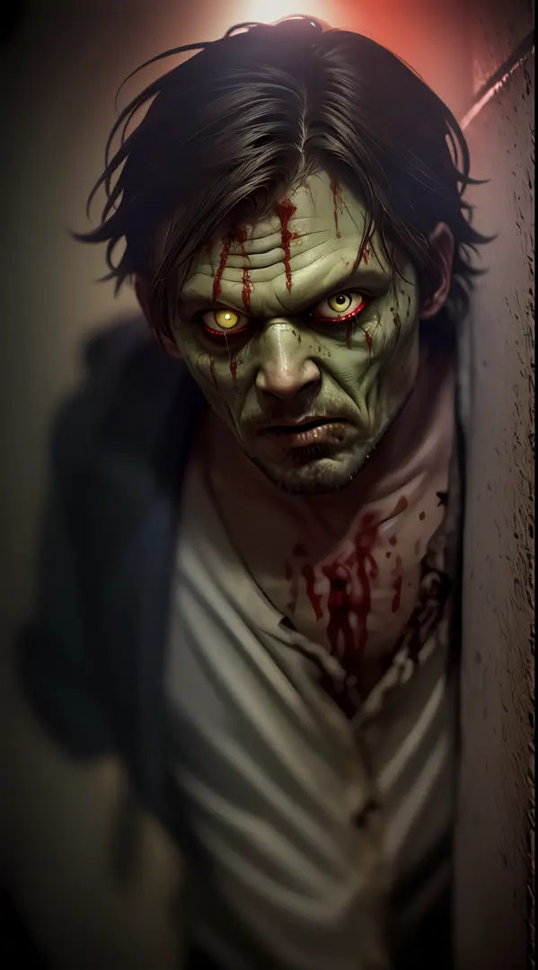 The virus finally begins, consuming the man's face, zombie eyes, zombie closeup, torn clothes, stained with blood, running towards the viewer, the narrow and creepy corridor in the background, volumetric lighting, real life, wide angle, very detailed, low ...