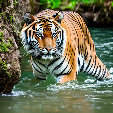 tiger in the river, in the water, 4k, 16:9, YouTube, 8k, uhd, iluminação baixa severa, alta qualidade, foco nitido, fujifilm XT3 --auto --s2