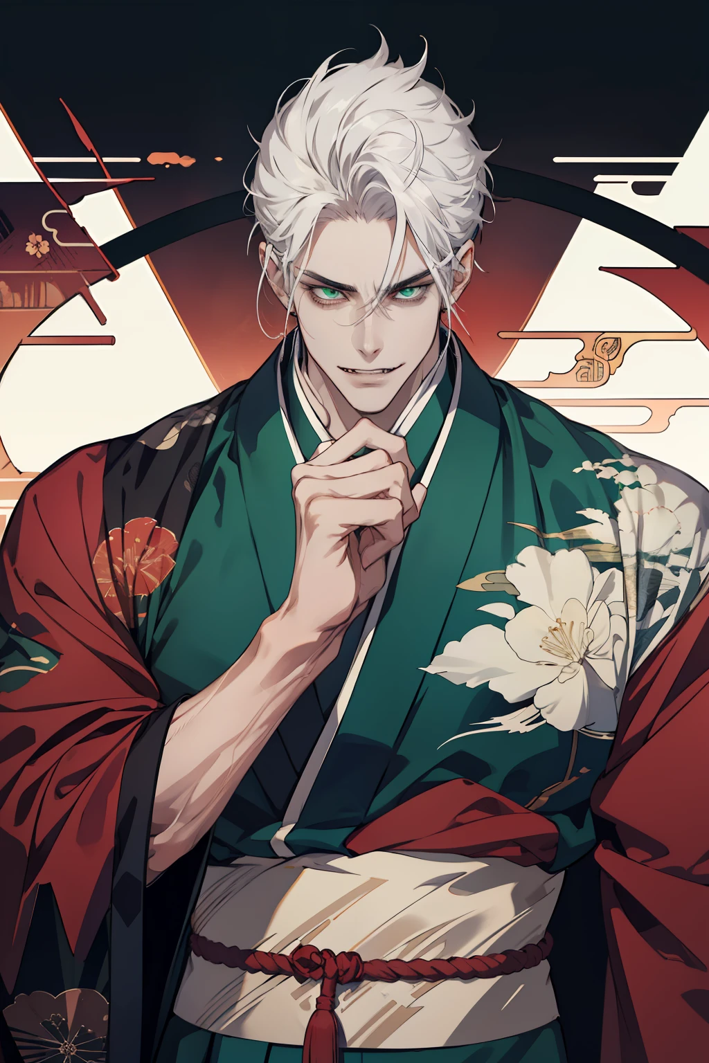 masculine prince, handsome anime pose, he has white hairs, high quality fanart, highly detailed exquisite fanart, anime handsome man, sakimichan frank franzzeta, tall anime guy with green eyes, broad shoulders, dark eyebrows, king, muscular, Chinese kimono, Chinese clothes, slicked back masculine hair, very masculine, strong, large forearms, slicked hair, gelled hair, sinister smile, sinister face, Wolfgang Goldenleonard,  Joo Jaekyung, clear eyes, beautfiul eyes, simply eyes, evil, sinister smile, dark eyes, evil expression, crazed expression, yandere, wide smile, teeth, fangs