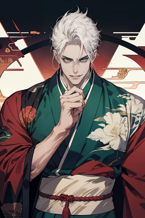 masculine prince, handsome anime pose, he has white hairs, high quality fanart, highly detailed exquisite fanart, anime handsome man, sakimichan frank franzzeta, tall anime guy with green eyes, broad shoulders, dark eyebrows, king, muscular, Chinese kimono...