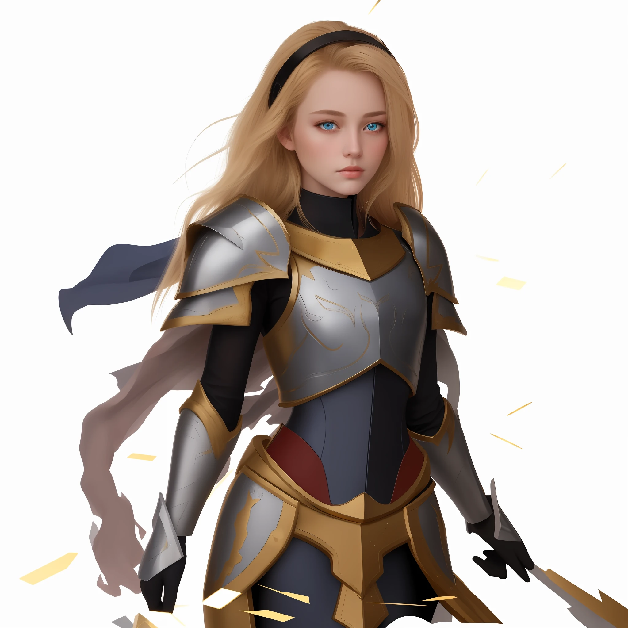 ((Best Quality, 8K, Masterpiece: 1.3)), 1girl, blonde hair, metallic silver paladin armor with glitter and golden edges, gorgeous blue eyes, delicate