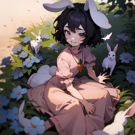 anime avatar in pink sitting in a garden flower filled path with flowers, rabbits, and a fox, 1girl, solo, inaba tewi, jewelry, ...