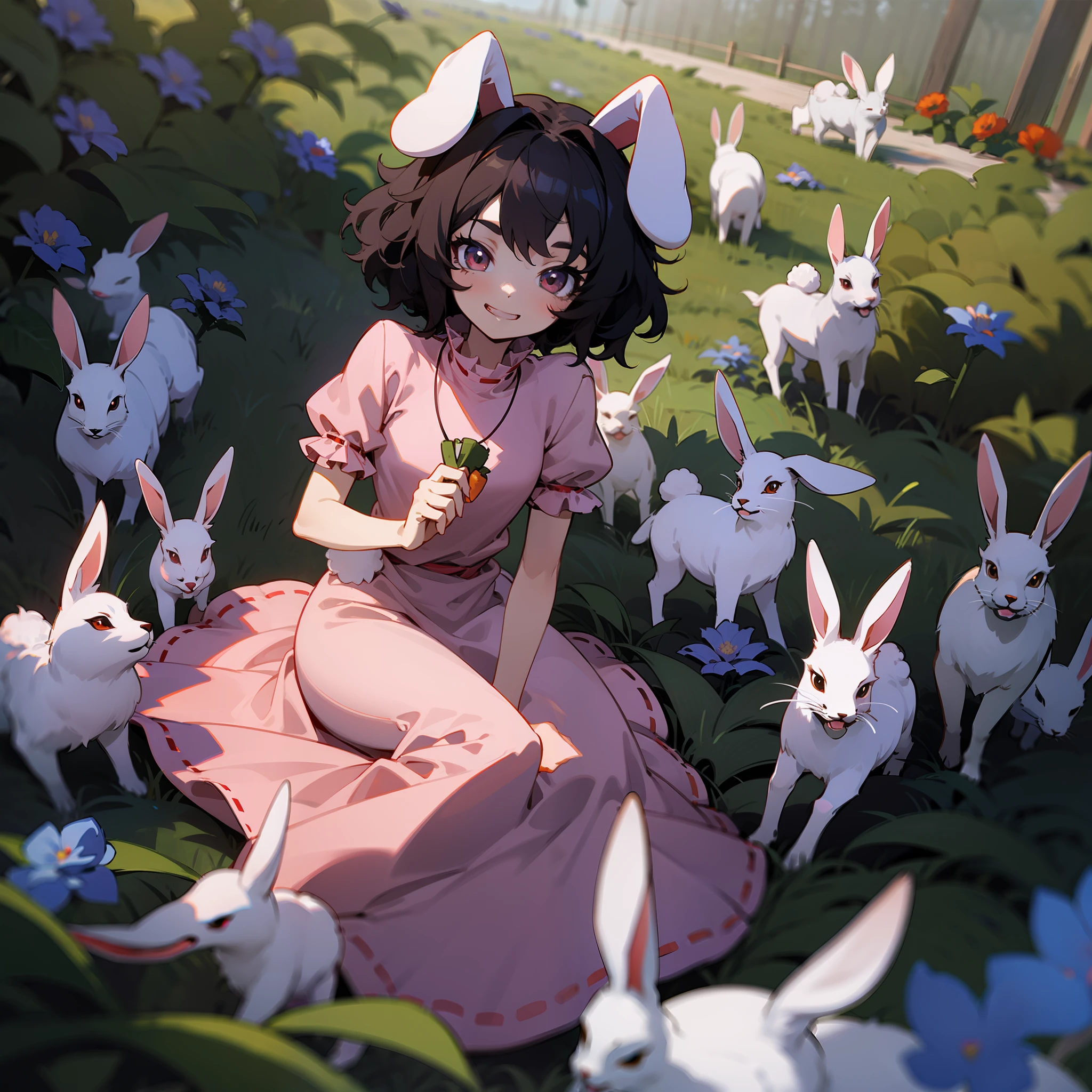 anime avatar in pink sitting in a garden flower filled path with flowers, rabbits, and a fox, 1girl, solo, inaba tewi, jewelry, animal ears, flower, dress, rabbit ears, necklace, smile, short sleeves, pink dress, black hair, carrot necklace, short hair, blue flower, red flower, looking at viewer, puffy short sleeves, puffy sleeves, grin, rose