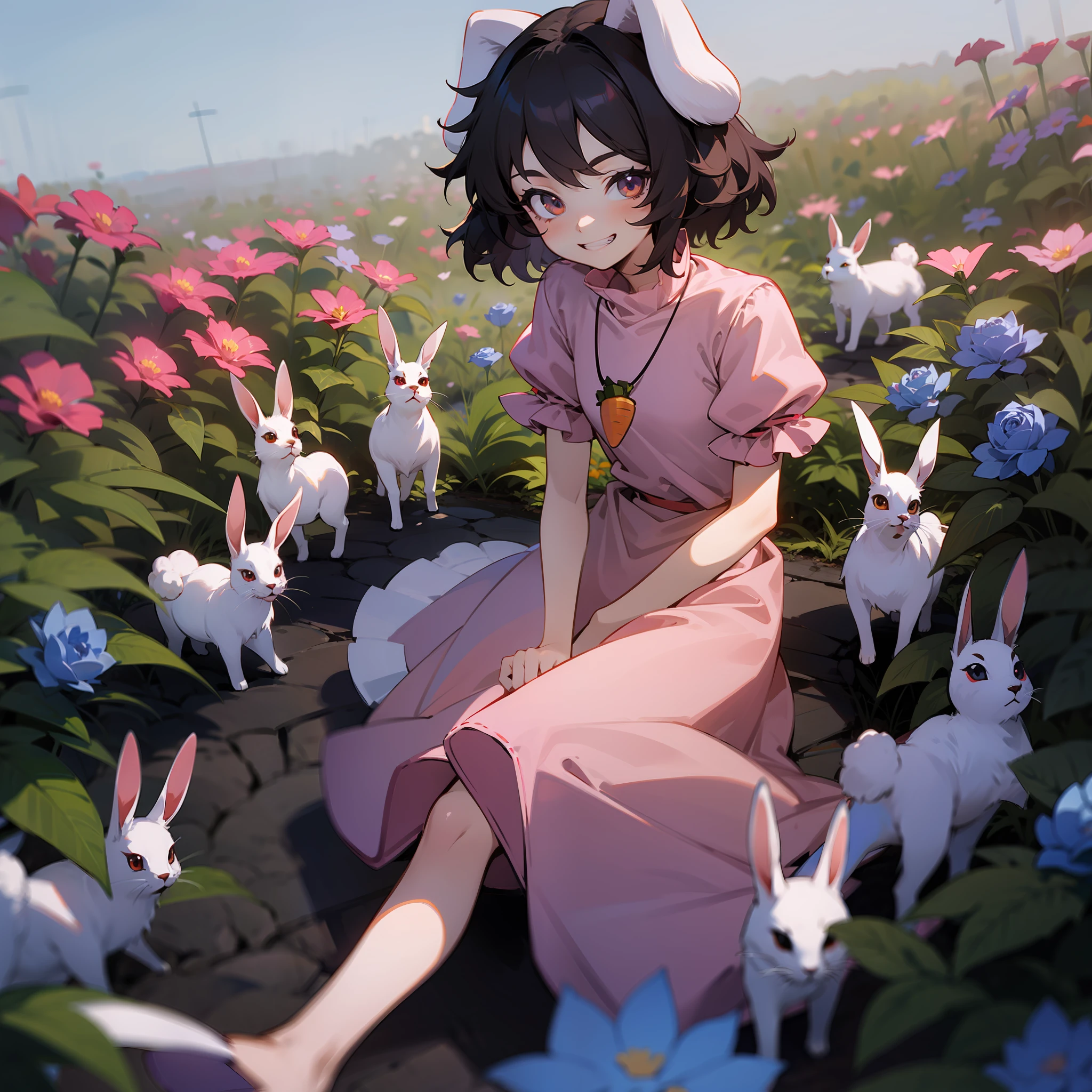 anime avatar in pink sitting in a garden flower filled path with flowers, rabbits, and a fox, 1girl, solo, inaba tewi, jewelry, animal ears, flower, dress, rabbit ears, necklace, smile, short sleeves, pink dress, black hair, carrot necklace, short hair, blue flower, red flower, looking at viewer, puffy short sleeves, puffy sleeves, grin, rose