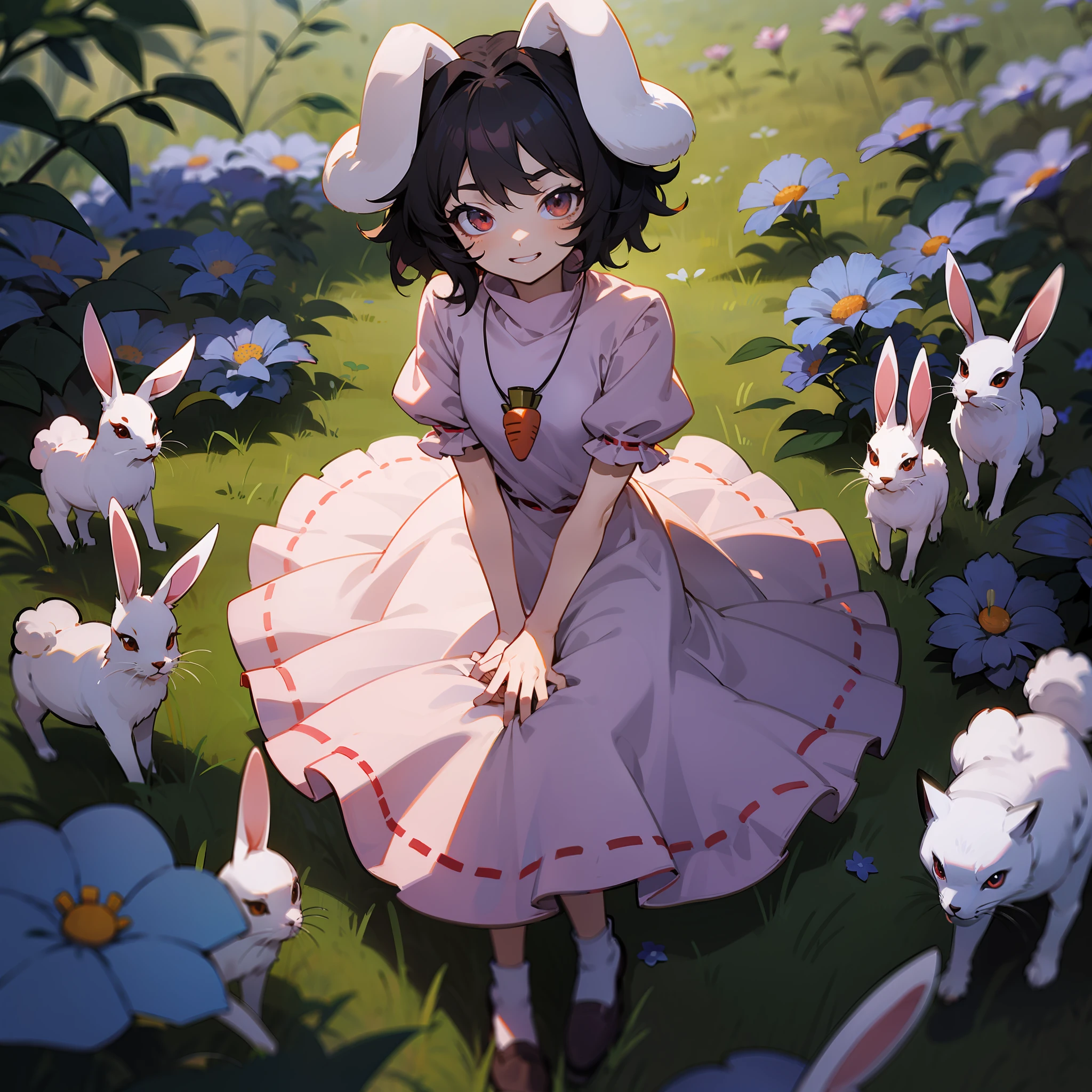 anime avatar in pink sitting in a garden flower filled path with flowers, rabbits, and a fox, 1girl, solo, inaba tewi, jewelry, animal ears, flower, dress, rabbit ears, necklace, smile, short sleeves, pink dress, black hair, carrot necklace, short hair, blue flower, red flower, looking at viewer, puffy short sleeves, puffy sleeves, grin, rose