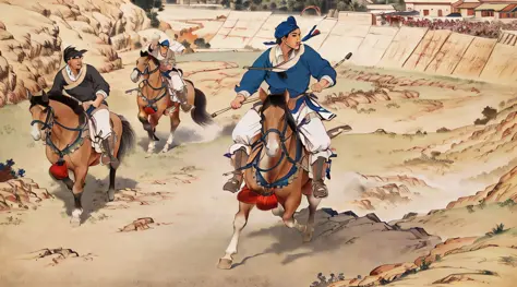 ((best quality)), ((masterpiece)), (detailed), multiple boys, battle, outdoors, fighting stance,amy,horse