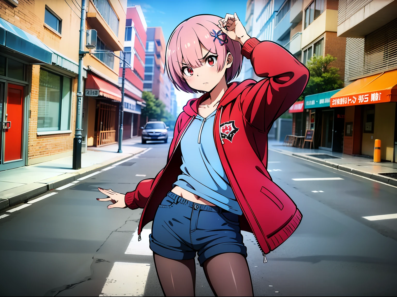 masterpiece, Rem Rezero, pink hair, red eyes, detailed eyes, angry face, red jacket hoodie, blue shirt, dark shorts, pantyhose, casual oufit, middle of the street, legs apart, arms extended to sides, action pose, wind