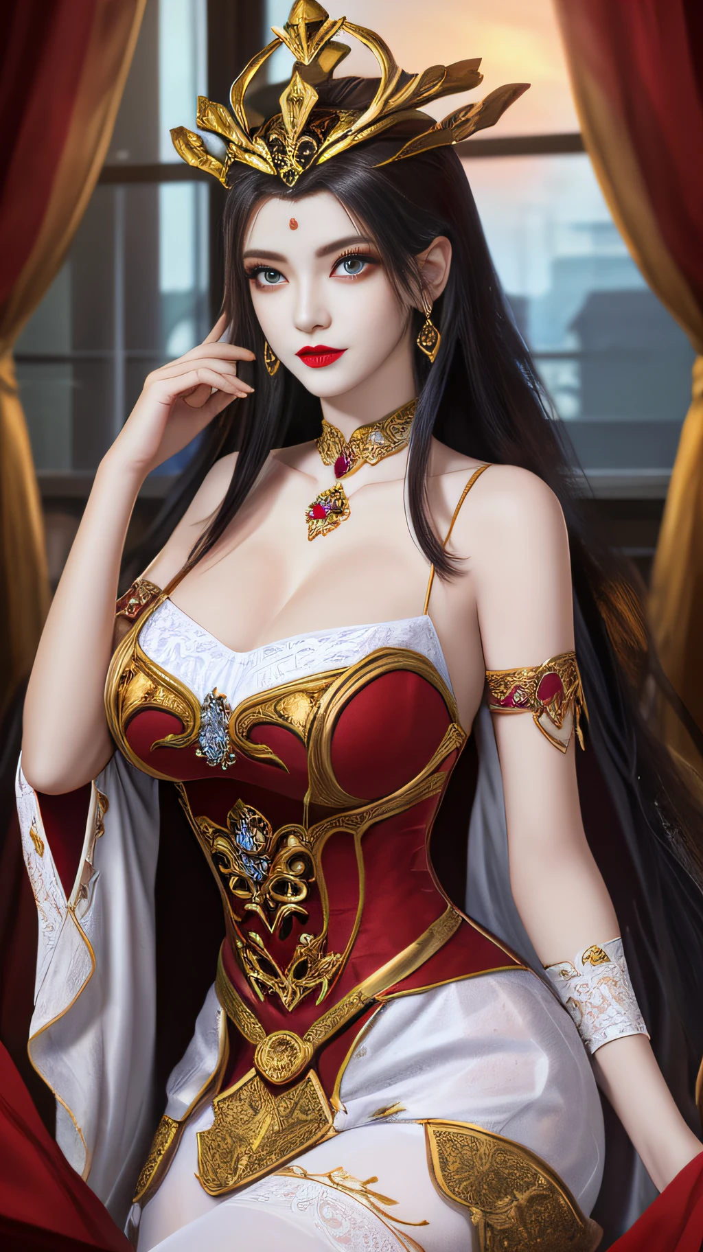A beautiful queen, wearing a red antique dress with gold trim, beautiful face, long hair, a golden crown on her head, mysterious neck and hair jewelry, light red iris, round big eyes, thin and sharp eyebrows, every detail details of meticulous and sharp eyelashes, red lipstick  lips, slender shoulders, (Big breasts: 1.2) Plump breasts, large, round and regular breasts, slender waist, RAW photos, detailed photos, highest quality photos, 8k queen, long legs, white stockings,