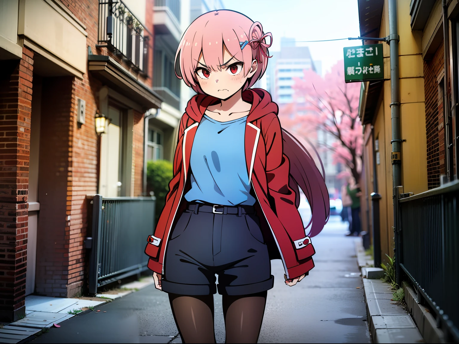 masterpiece, rem rezero, pink hair, red eyes, detailed eyes, angry face, red jacket hoodie, blue shirt, dark shorts, pantyhose, casual oufit, middle of the street, legs apart, arms extended to the sides, action pose, wind for clothes and hair,