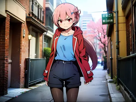 masterpiece, rem rezero, pink hair, red eyes, detailed eyes, angry face, red jacket hoodie, blue shirt, dark shorts, pantyhose, ...