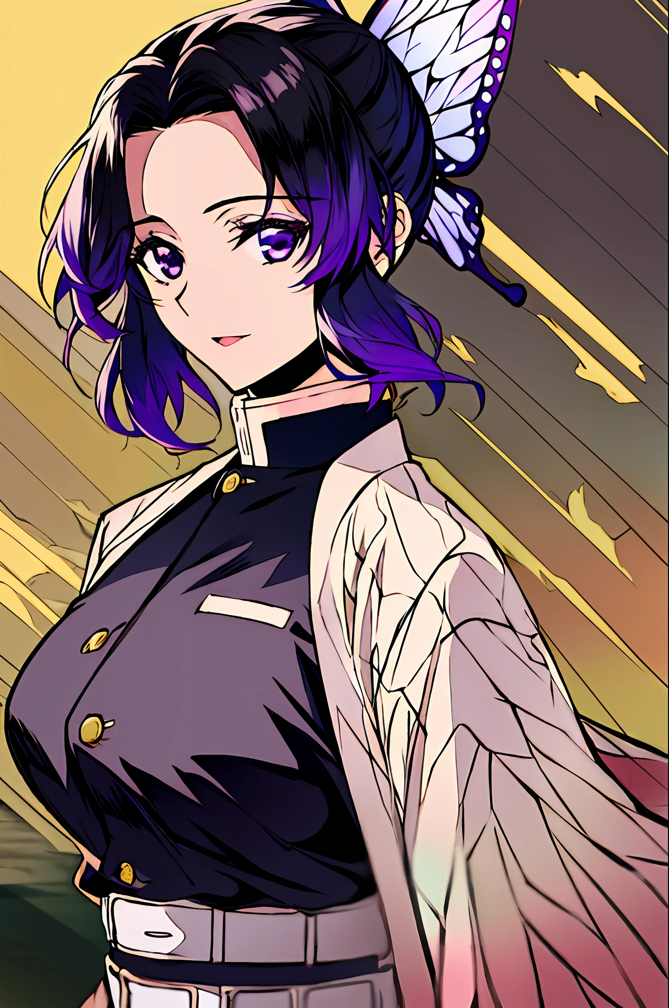 masterpiece, best_quality, ultra-detailed,flat_color, limited_palette, high_contrast, (ligne claire),(1girl:1.2),solo, kochou_shinobu, multicolored_hair, no_bangs, hair_intakes, purple_eyes, forehead, black_shirt, upper_body, haori, butterfly, buttons, belt, black_pants, (style_of_Kimetsu_no_Yaiba:0.7), scenery, (smile:0.5), realistic, realistic_lips, shiny_hair, shiny_skin, lighting, (river:0.3)