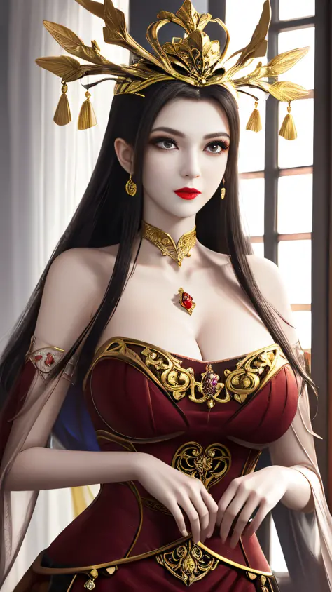 A beautiful queen, wearing a red antique dress with gold trim, beautiful face, long hair, a golden crown on her head, mysterious neck and hair jewelry, light red iris, round big eyes, thin and sharp eyebrows, every detail details of meticulous and sharp ey...