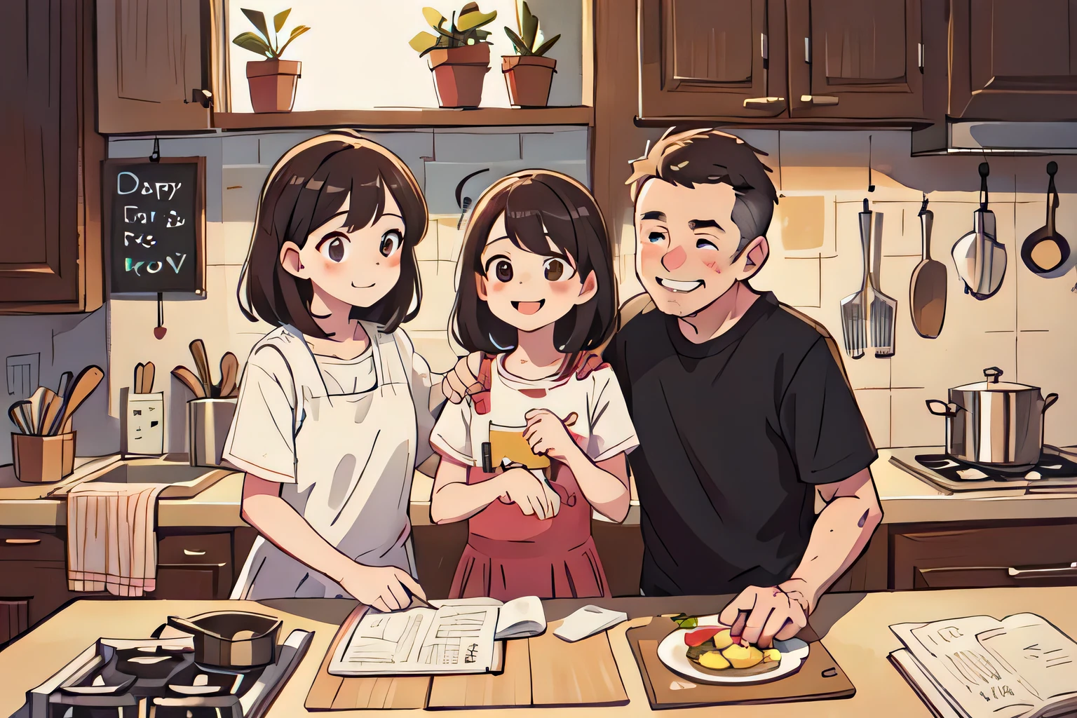 closeup, a family portrait, momn, dad, happy,kitchen in the background