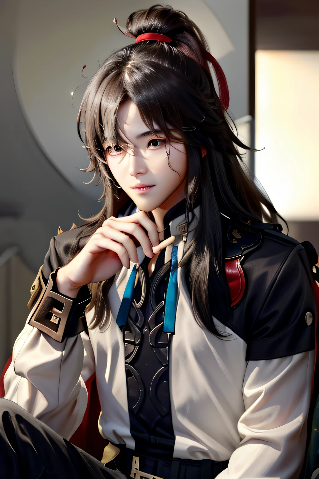 Yuan Jing (HSR), hair more than one eye, 1 boy, long hair, black hair, shut up, solo, sitting, looking at phone screen, smile, male focus, red eyes,