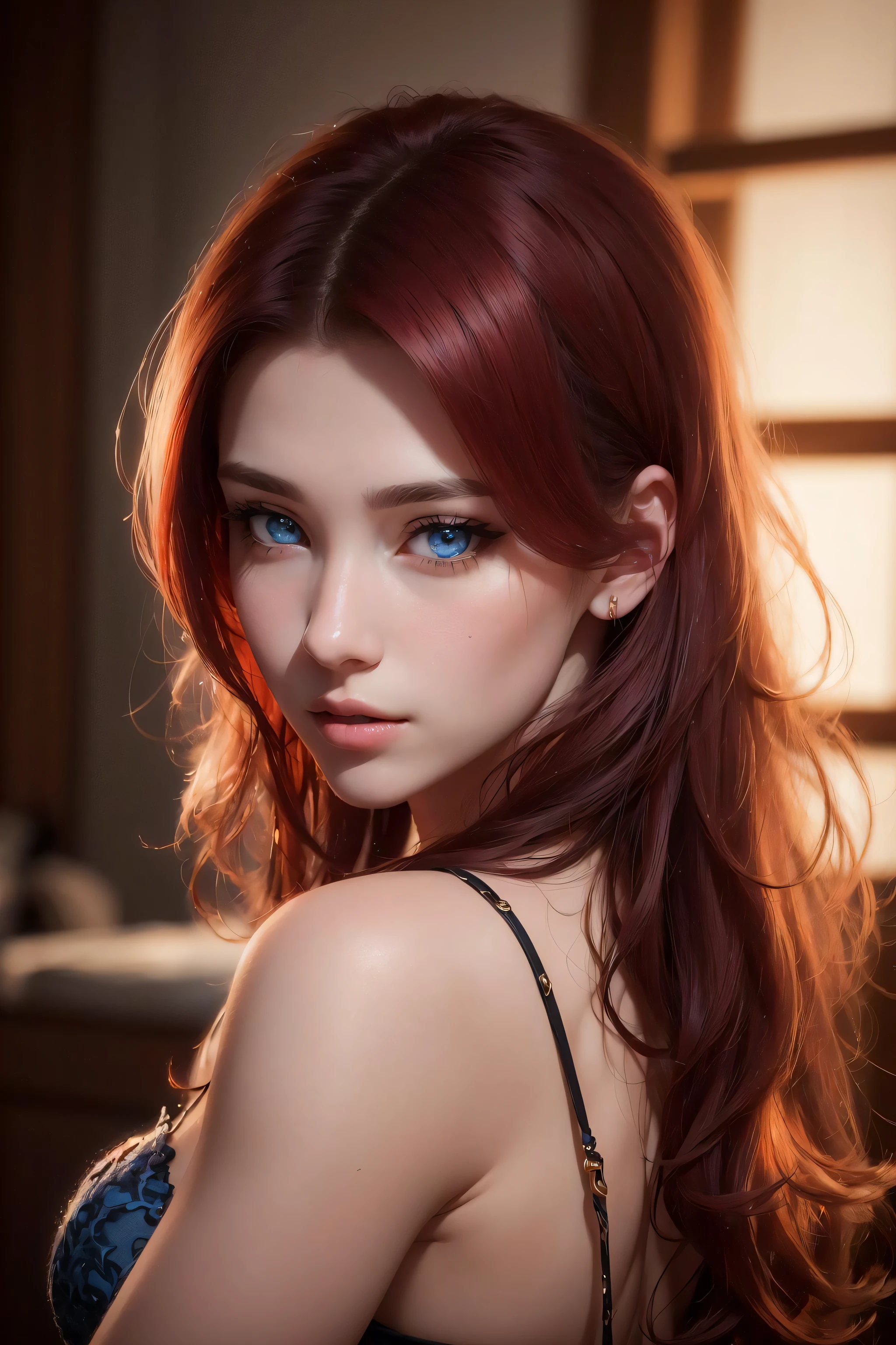 high quality fingers, normal hands, detailed fingers,masterpiece, (realistic, photo-realistic:1.37), (22 years old woman), katarina from league of legends, medium breast, small waist, dark red hair, blue eyes, beautiful face, perfect illumination, beautiful detailed eyes,looking at viewer, stunningly beautiful woman, detailed hairstyle, detailed background,shorts, detailed fantasy background, (sweat:1)