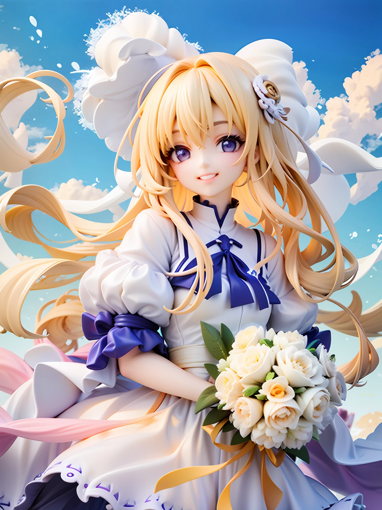 Girl, frontal, blonde hair, long hair, purple eyes, beautiful eyes, smile, beautiful white dress, holding bouquet of white and pink flowers in both hands, blue sky, white clouds, clear sky, beautiful white and yellow flowers background, look here