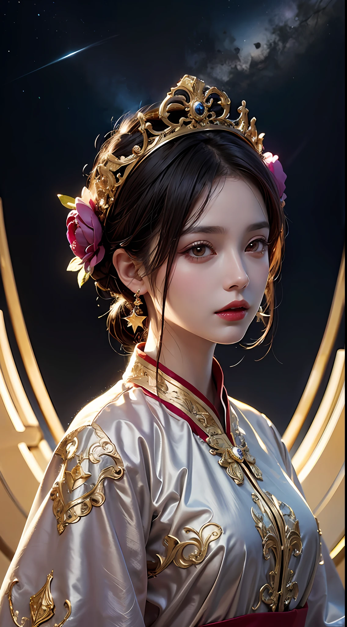 1 2, 1 ราศี goddess from the future, goddess of the pink and purple 12 ราศีs, the goddess of the ราศี in a yellow ao dai, a 12 ราศี ao dai with many black lace detail, mythology Goddess of the 12 ราศีs from the future, ราศี ♏, luxurious glittering ราศี style, เวอร์ชันมืดและลึกลับ, ราศี crown, ลิปสติกริมฝีปากสีแดง, ริมฝีปากบางและสวยงาม, ปิดปาก, ตัวละครที่สร้างโดย karol bak และ pino daeni, รายละเอียดที่ซับซ้อน, พื้นหลังโดยละเอียด, มีรายละเอียดมาก, เวทมนตร์แห่งแสง, ผู้หญิง, หน้าใส, ผมยาวมีหน้าม้า, ใบหน้าที่สวยงามในรายละเอียดและดวงตาที่ได้สัดส่วนที่ดี, (ดวงตาสีเหลืองใส: 1.8), ดวงตากลมโตและการแต่งหน้าที่สวยงามและละเอียดมาก, ความสุขุม, ชุดผ้าไหม, การแต่งหน้าลึกลับ , ผมหน้าม้าสองเท่าและย้อมสีบลอนด์อ่อน , แนวตั้งครึ่งบน, ราศี goddess portrait, แขนห้อยหลวมๆ, ภาพที่สมจริงและสดใส, (stars make up the ราศี: 1.7), (sky background ราศี and fictitious space and time portal: 1.8), นิยายศิลปะ, ภาพถ่ายดิบ, รูปภาพฮันฟู่, ภาพที่ดีที่สุด, ภาพที่ดีที่สุด quality, คุณภาพ 8k, 8000 สุดๆ, สมจริงสุดๆ, ภาพถ่ายจริงประหยัดที่สุด,