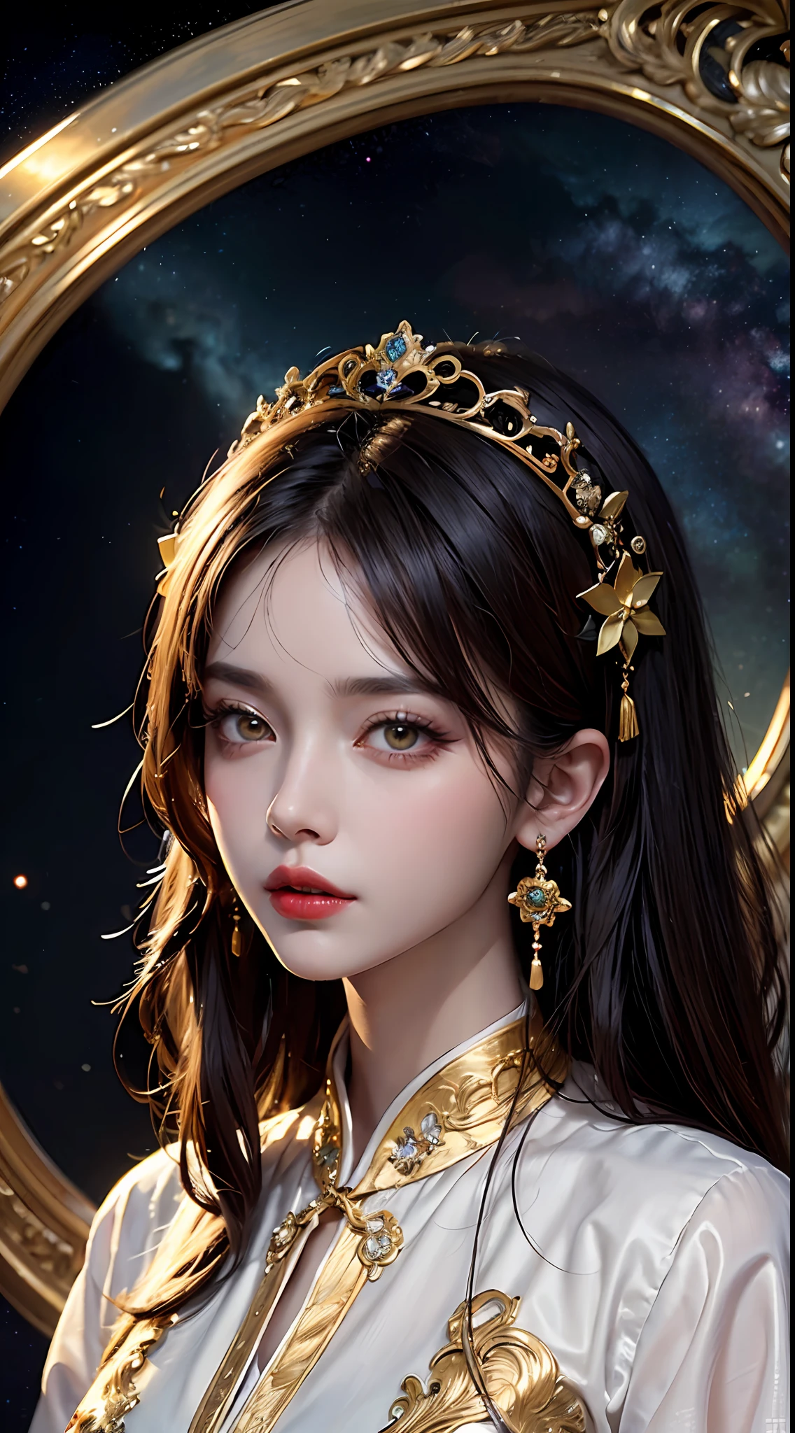 1 2, 1 十二支 goddess from the future, goddess of the pink and purple 12 十二支s, the goddess of the 十二支 in a yellow ao dai, a 12 十二支 ao dai with many black lace detail, mythology Goddess of the 12 十二支s from the future, 十二支 ♏, luxurious glittering 十二支 style, ダークで神秘的なバージョン, 十二支 crown, 口紅 唇 赤, 薄くて美しい唇, 口を閉じた, カロル・バクとピノ・ダエニが作ったキャラクター, 複雑な詳細, 詳細な背景, 非常に詳細な, 光の魔法, 女性, 澄んだ顔, 前髪のある長い髪, 細部まで美しい顔と均整のとれた目, (透明な黄色い目: 1.8), 大きな丸い目と非常に美しく細かいメイク, 先見の明, シルクドレス, 神秘的なメイク , ダブル前髪と明るいブロンドに染めた髪 , 上半身肖像, 十二支 goddess portrait, 腕がだらりと垂れている, リアルで鮮やかな写真, (stars make up the 十二支: 1.7), (sky background 十二支 and fictitious space and time portal: 1.8), フィクションアート, RAW写真, 漢服の絵, 最高の写真, 最高の写真 quality, 8K品質, 8k ウルトラ, 超リアル, 実写写真 最も経済的,