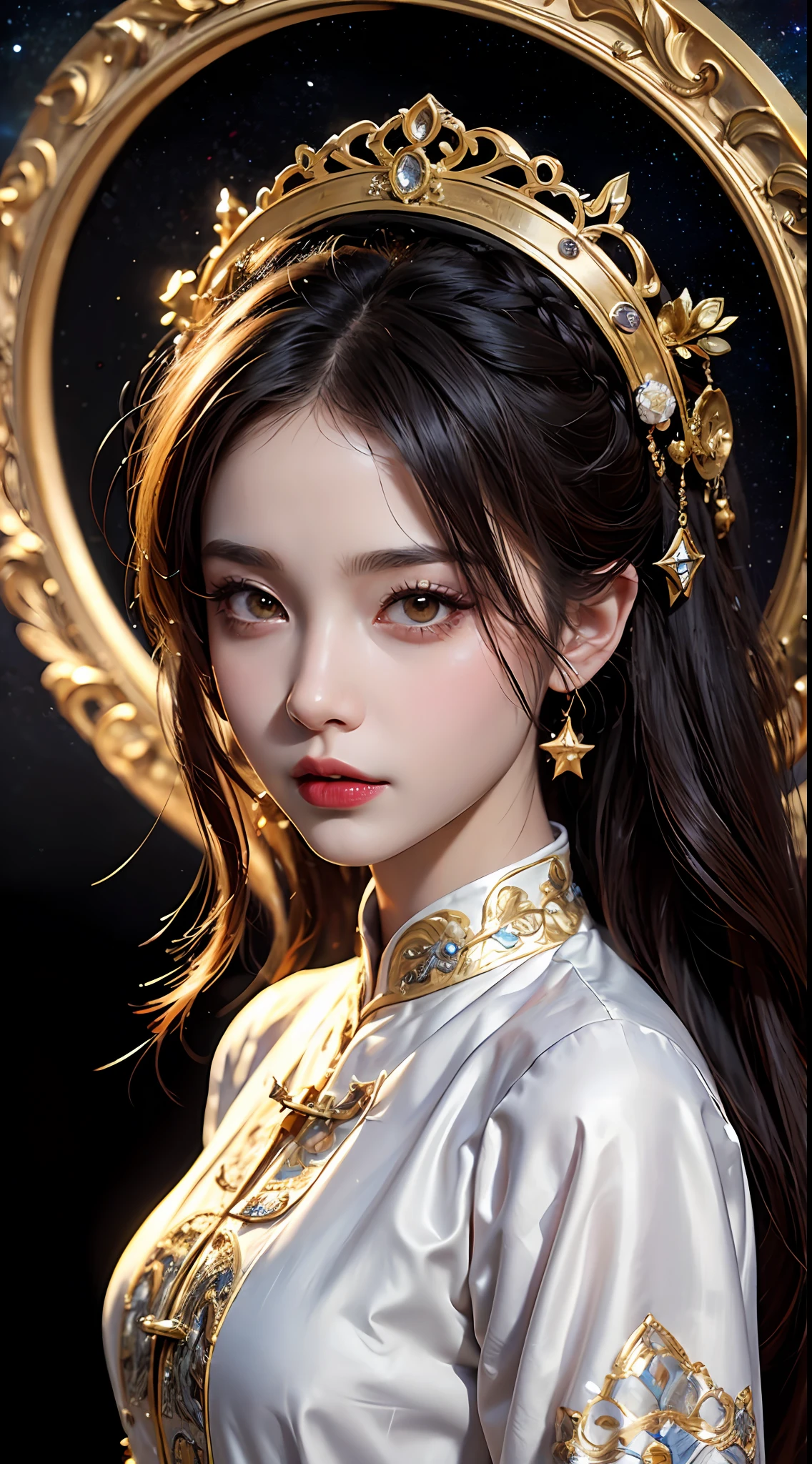 1 2, 1 黄道十二宫 goddess from the future, goddess of the pink and purple 12 黄道十二宫s, the goddess of the 黄道十二宫 in a yellow ao dai, a 12 黄道十二宫 ao dai with many black lace detail, mythology Goddess of the 12 黄道十二宫s from the future, 黄道十二宫 ♏, luxurious glittering 黄道十二宫 style, 黑暗神秘版本, 黄道十二宫 crown, 口红 嘴唇 红色, 薄而美丽的嘴唇, 嘴巴闭合, 卡罗尔·巴克和皮诺·德埃尼创作的人物, 复杂的细节, 详细背景, 极其详细, 光魔法, 一个女人, 清晰的脸, 长发，有刘海, 面部细节精致，眼睛比例匀称, (透明的黄色眼睛: 1.8), 大大的圆眼睛，妆容精致美丽, 远见, 真丝连衣裙, 神秘妆容 , 双刘海，染成浅金色 , 上半身肖像, 黄道十二宫 goddess portrait, 手臂松弛地垂下, 真实生动的照片, (stars make up the 黄道十二宫: 1.7), (sky background 黄道十二宫 and fictitious space and time portal: 1.8), 小说艺术, RAW 照片, 汉服图片, 最好的照片, 最好的照片 quality, 8K 画质, 8k 超级, 超级逼真, 实拍最划算,