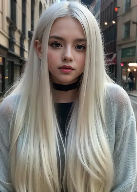 arafed girl with long white hair and blue eyes standing in a city, girl with white hair, girl silver hair, perfect white haired ...