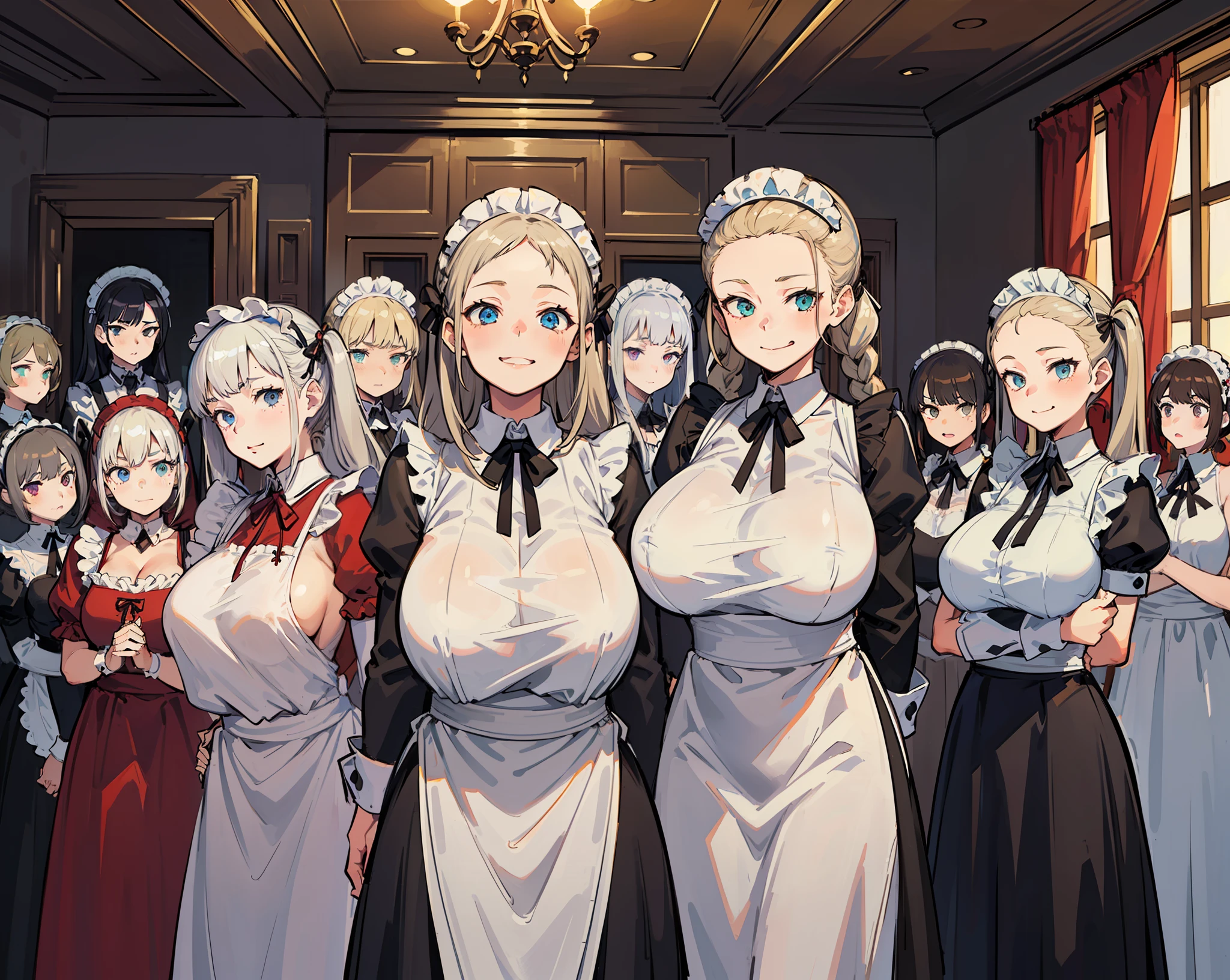 (Masterpiece), Top Quality, (10 girls, group photo:1.4), Beautiful body, ((Huge breasts))),(Huge breasts),(Saoping breasts))))), (White skin)), Blonde hair, Silver hair, Twin tails, Braids, Forehead, ((Slouch)), ((Slouch)), (grinning face))),(Hands behind back), ((Maid clothes)), (Bedroom),