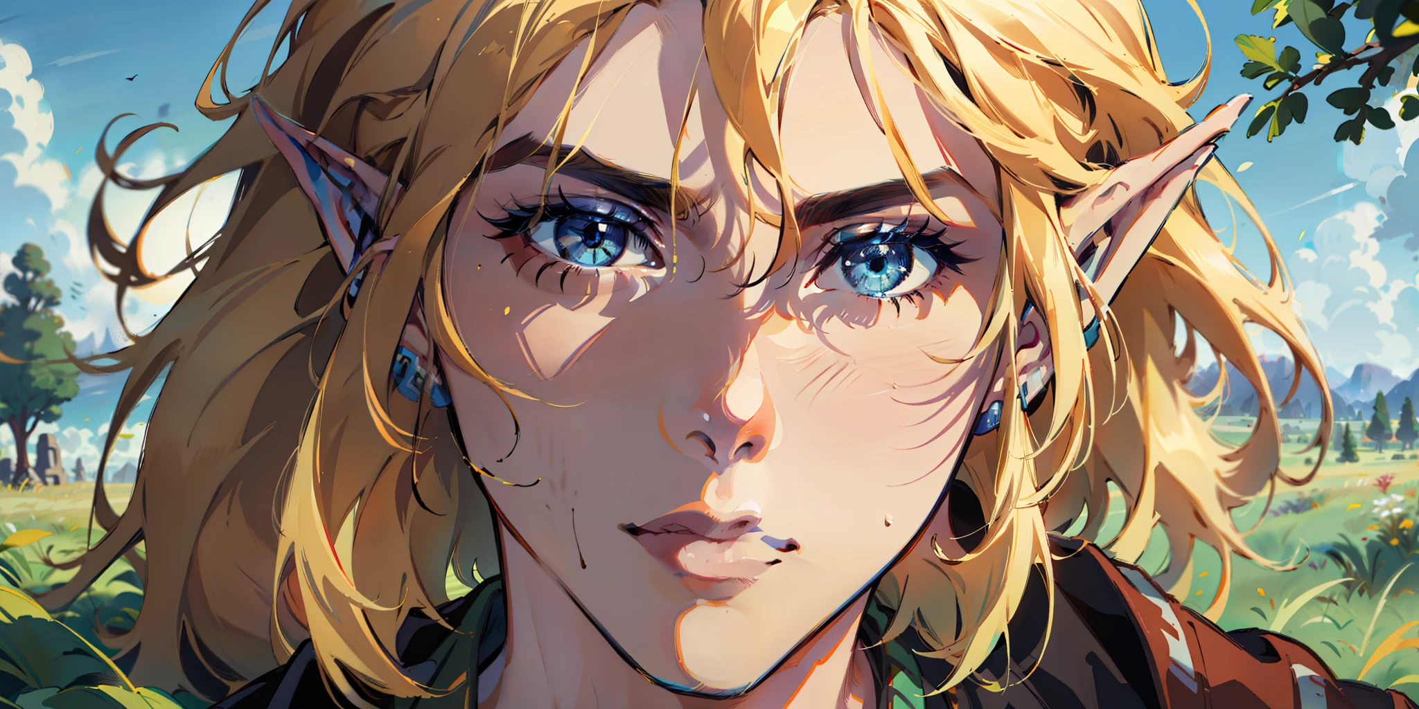 (absurdres, highres, ultra detailed, realistic), (1 male, solo, adult, Link, elf, tall blond guy, broad shoulders, handsome), pretty blond hair, blue eyes, (angular jaw, thick neck, thick eyebrows), BREAK, forest, fantasy, breath of the wild, botw, extremely detailed face, gorgeous face, beautiful detailed eyes, clear eyes, beautiful hair. Hyrule kingdom, rolling hills, amazing background, beautiful fields, wild horses, hawks, deers, wild life, wide open fields, dancing grass, blue skies, lovely skies, big clouds, masterpiece, perfections, golden ratio, perfect design, rule of thirds,