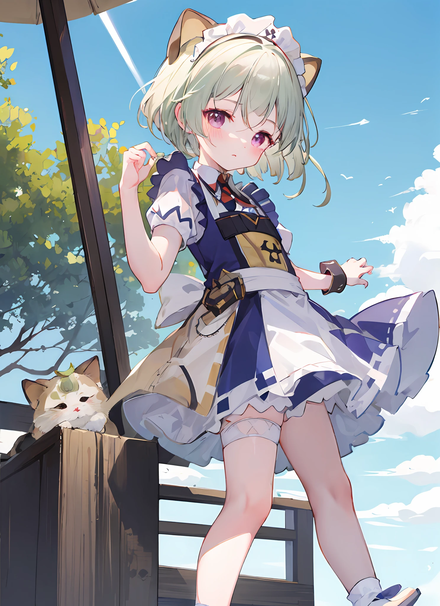 blush, outdoors, daytime, simple background, blue sky, rippled hair, sky, looking at the audience, loli, very cute expression, small short legs, avatar, maid outfit, white over-the-leg socks,