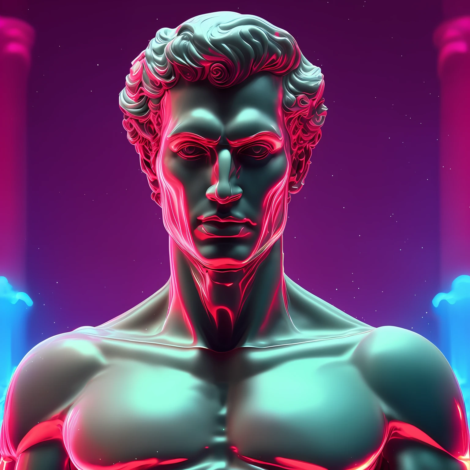 a close up of a statue with lines coming out of it, by Mike Winkelmann, holography, vaporwave!, octane render, greek god, blind, neon roman, stoic attitude