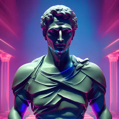 a close up of a statue with lines coming out of it, by mike winkelmann, holography, vaporwave!, octane render, greek god, blind,...