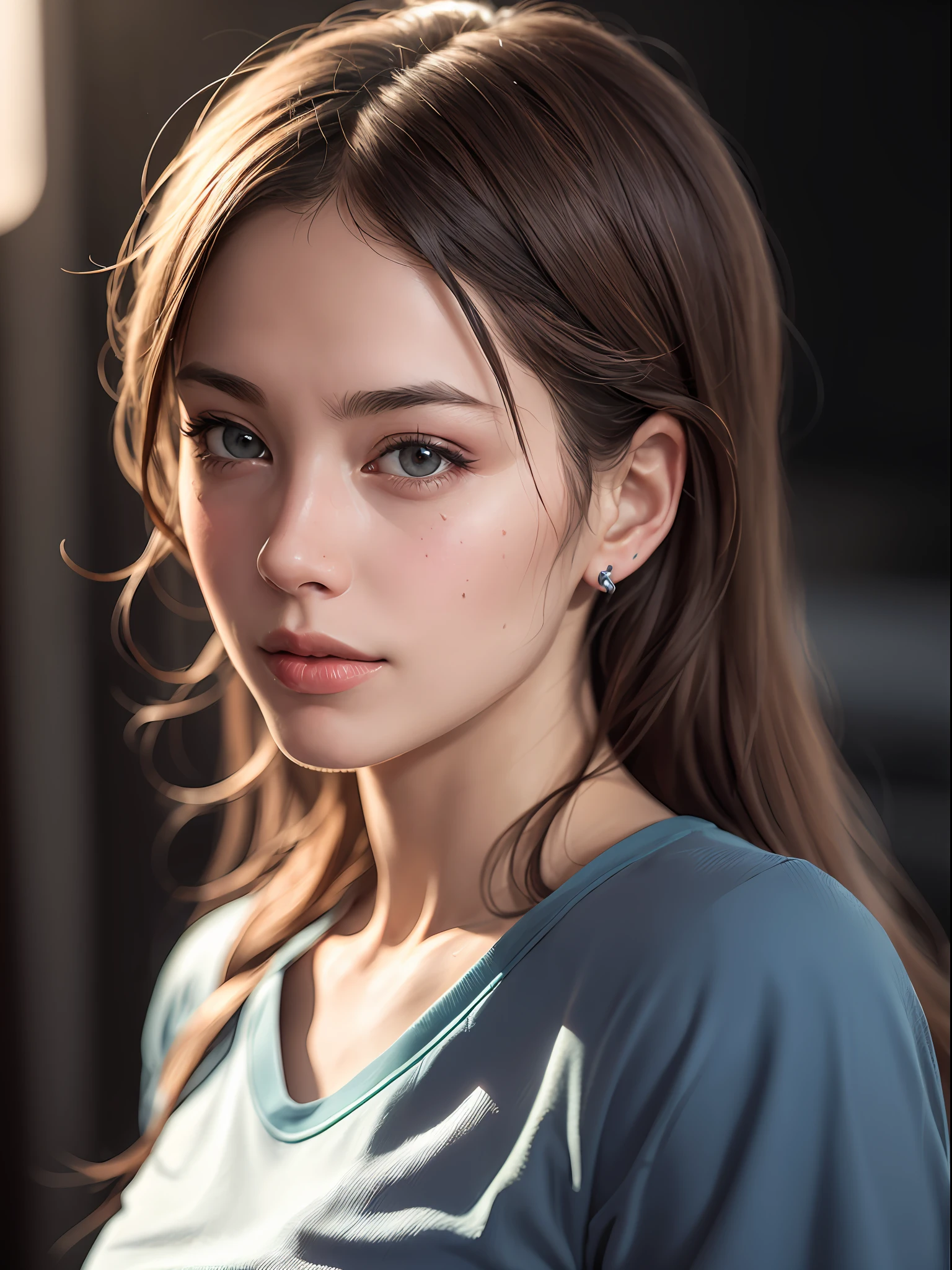 dressed, (photo realistic:1.4), (hyper realistic:1.4), (realistic:1.3), (smoother lighting:1.05), (increase cinematic lighting quality:0.9), 32K, 1girl,20yo girl, realistic lighting, backlighting, light on face, ray trace, (brightening light:1.2), (Increase quality:1.4), (best quality real texture skin:1.4), finely detailed eyes, finely detailed face, finely quality eyes, (tired and sleepy and satisfied:0.0), face closeup, t-shirts, (Increase body line mood:1.1), (Increase skin texture beauty:1.1)