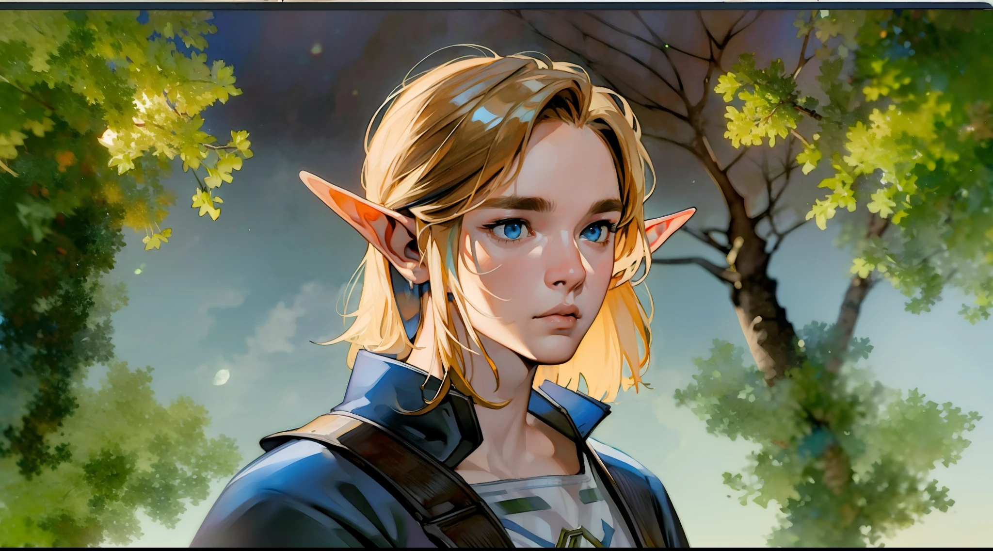 (8k, RAW photo, best quality, masterpiece: 1.2), (realistic, photorealistic: 1.37), (1boy) blond hair, (((/dull blue eyes/))), calm expression, closed mouth, (antique, covered and), (((NOT NSFW))) hyrule background, (((night))) moonlight, fantastic atmosphere, beautiful lights, perfect and detailed face,  beautiful and melancholy face, young elf man of 20 years, (((FULL BODY))) hyrule kingdom, dense forest, beautiful background, wallpaper, 8K