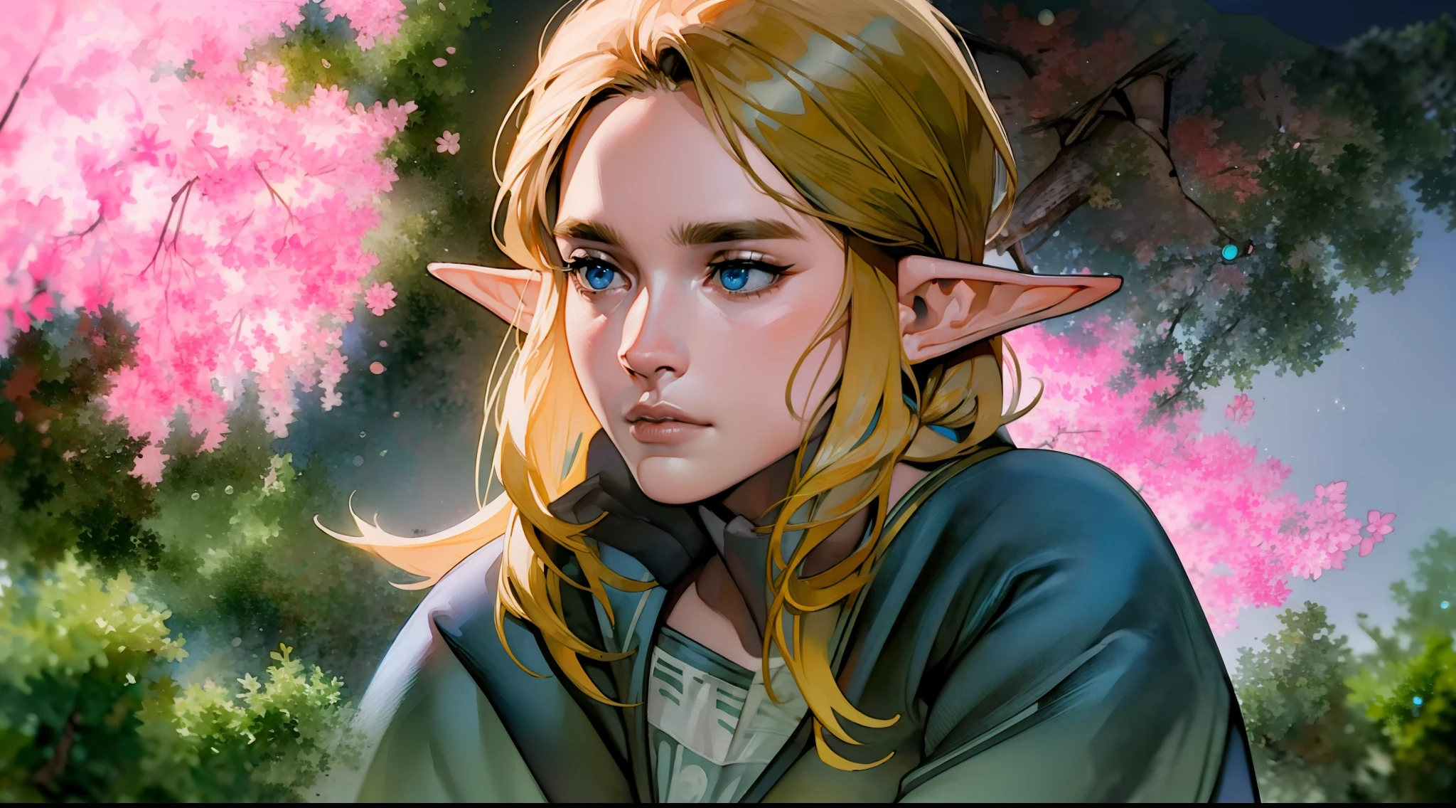 (8k, RAW photo, best quality, masterpiece: 1.2), (realistic, photorealistic: 1.37), (1boy) blond hair, (((/dull blue eyes/))), calm expression, closed mouth, (antique, covered and), (((NOT NSFW))) hyrule background, (((night))) moonlight, fantastic atmosphere, beautiful lights, perfect and detailed face,  beautiful and melancholy face, young elf man of 20 years, (((FULL BODY))) hyrule kingdom, dense forest, beautiful background, wallpaper, 8K