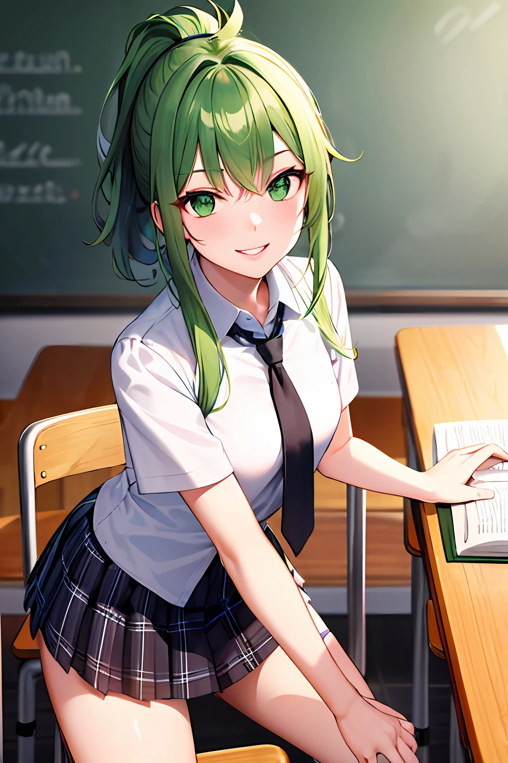 Masterpiece, Top Quality, Hi-Res, Adult Woman, One, Solo, School Uniform, Plaid Mini Skirt, Pleated Mini Skirt, Tie, Evil Smile, Evil Smile, Evil Plan, Green Hair, Folded Ponytail, Green Eyes, Tao Jun, Classroom