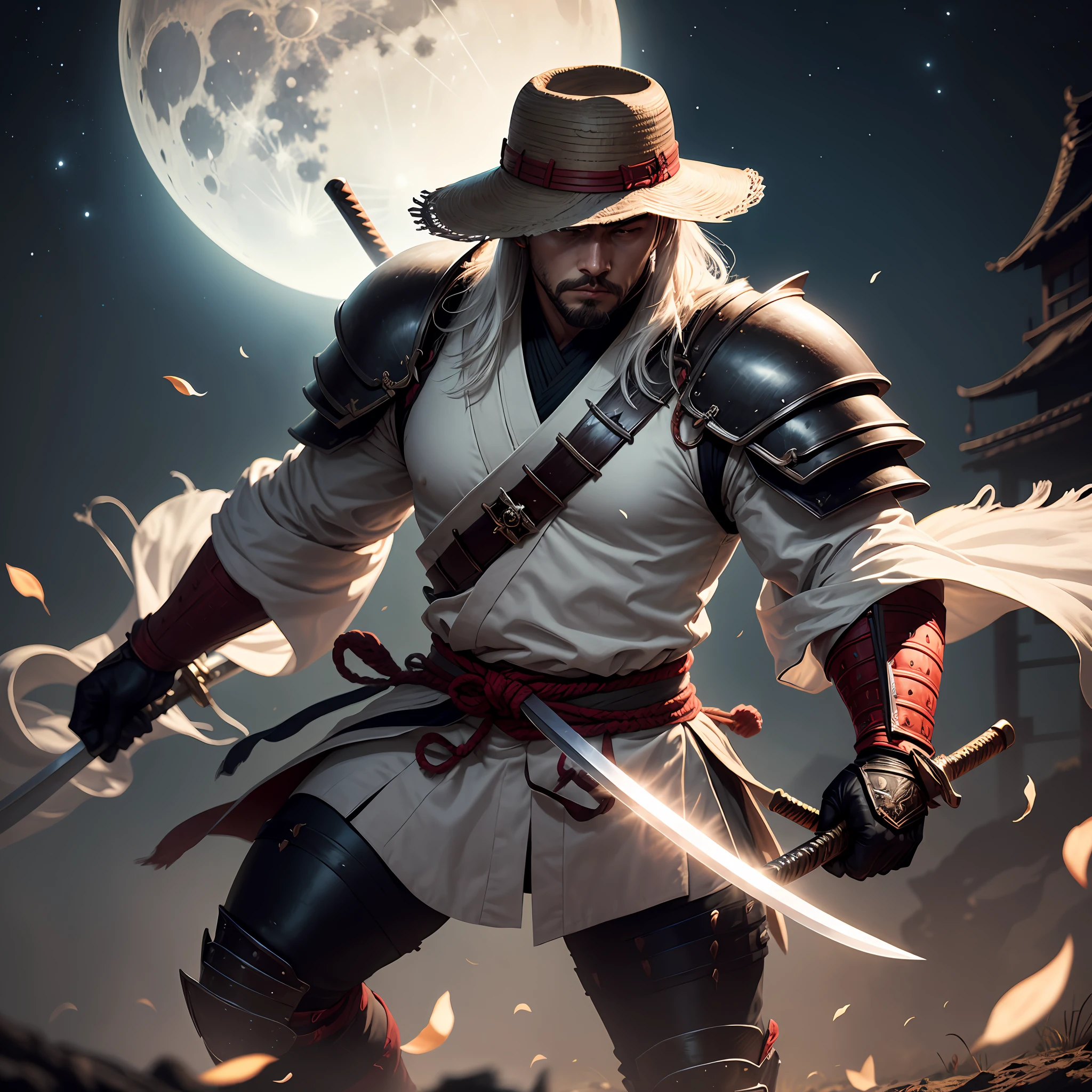 A strong man Samurai with white hair, black armor, silver shoulders armor. Black gloves. Two white bladed swords and one crimson red blade sword. Black straw hat. Night with moon. All in 4k --auto