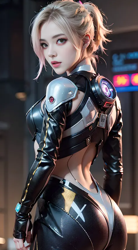 modelshoot style, 20yo cyberpunk woman in a futuristic cyberpunk city, intricate, sci-fi, futuristic, feminine face, detailed ey...